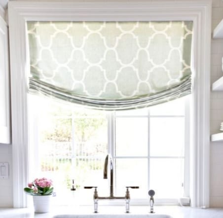 window valences use together with roman shades on window and doors.